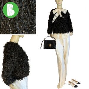 VINTAGE 1990'S GANTOS BLACK & GOLD EYELASH FRINGE CROPPED 3/4 SLEEVE SWEATER (S)
